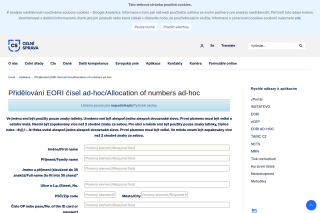 Screenshot: Přidělování EORI čísel